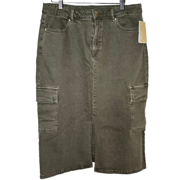 NWT Michael Kors Women's Olive Knee-Length Green Denim Cargo Skirt, Size 12 - Picture 1 of 9